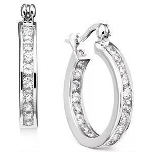 Small Cubic Zirconia Inside Out Hoop Earrings in Sterling Silver, 0.75"